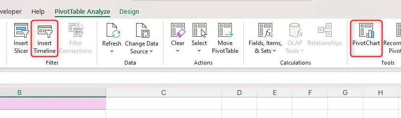 Các nút Insert Timeline và PivotChart trong tab PivotTable Analyze trên thanh ribbon của Excel giúp trực quan hóa dữ liệu.