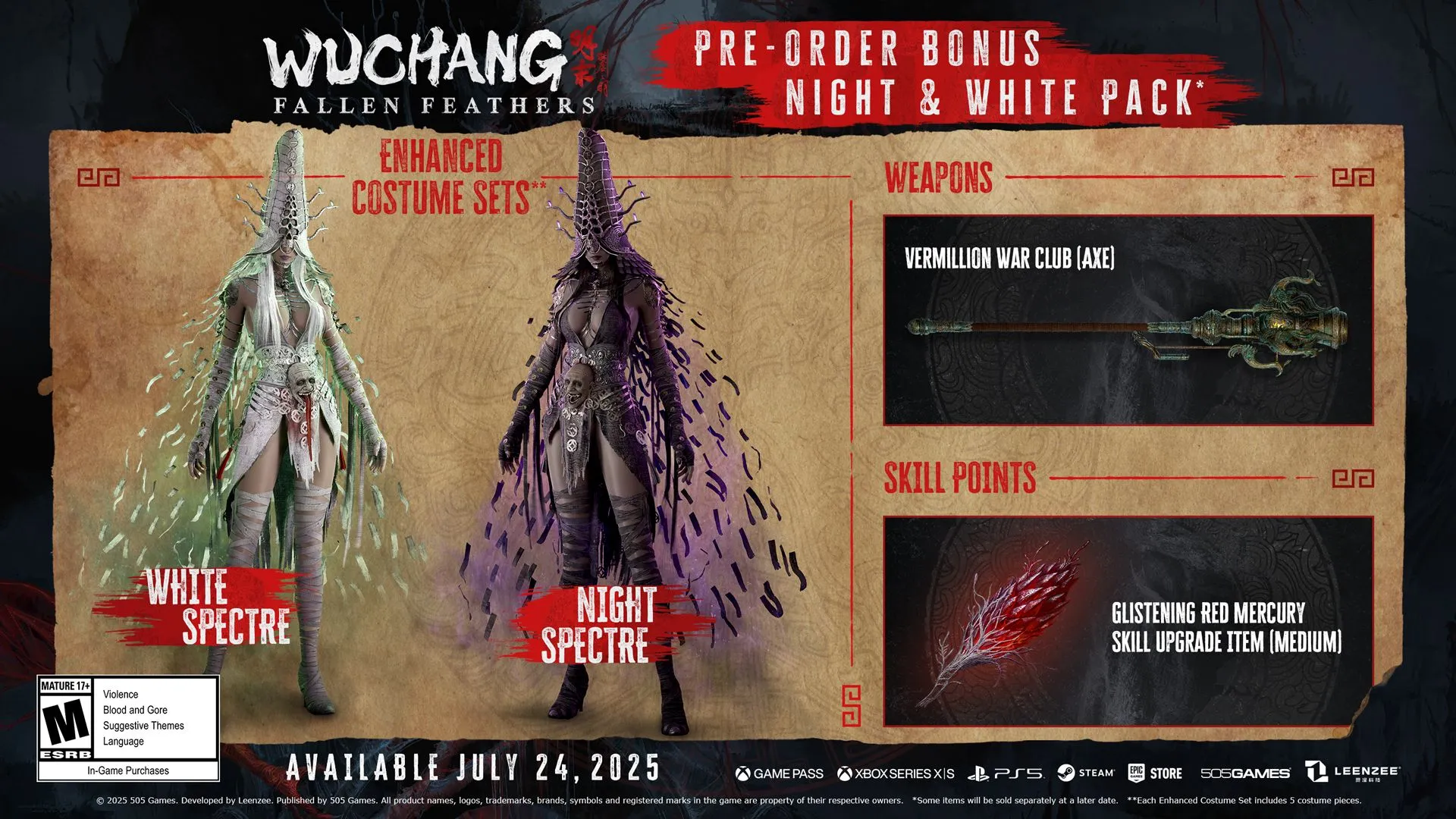 Các phần thưởng pre-order game Wuchang: Fallen Feathers, minh họa giá trị độc quyền.