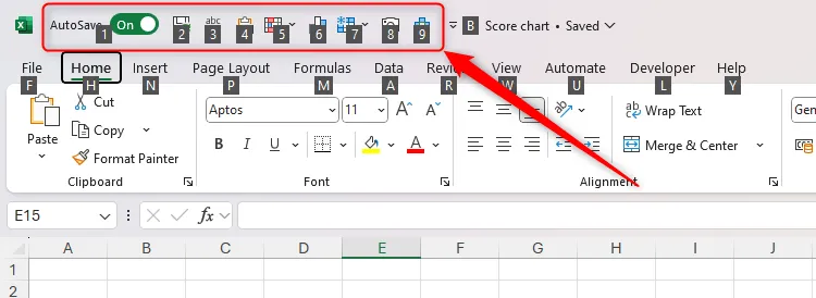 Các phím tắt Alt được đánh số trên Thanh công cụ truy cập nhanh (Quick Access Toolbar) của Excel, giúp thực hiện lệnh tức thì.