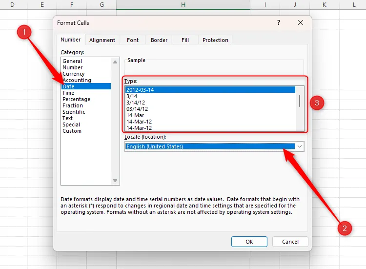 Các tùy chọn định dạng ngày tháng theo khu vực trong Excel