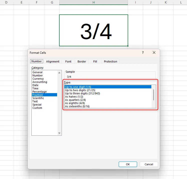 Các tùy chọn hiển thị phân số trong hộp thoại Format Cells của Excel