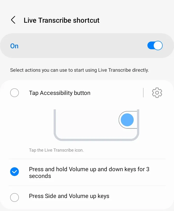 Các tùy chọn lối tắt để kích hoạt nhanh tính năng Live Transcribe trên Samsung