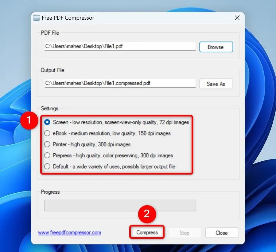 Các tùy chọn nén file PDF và nút &quot;Compress&quot; trong ứng dụng Free PDF Compressor