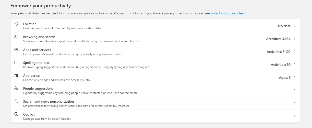 Các tùy chọn xem, tải xuống và xóa dữ liệu hoạt động trên Microsoft Privacy Dashboard.
