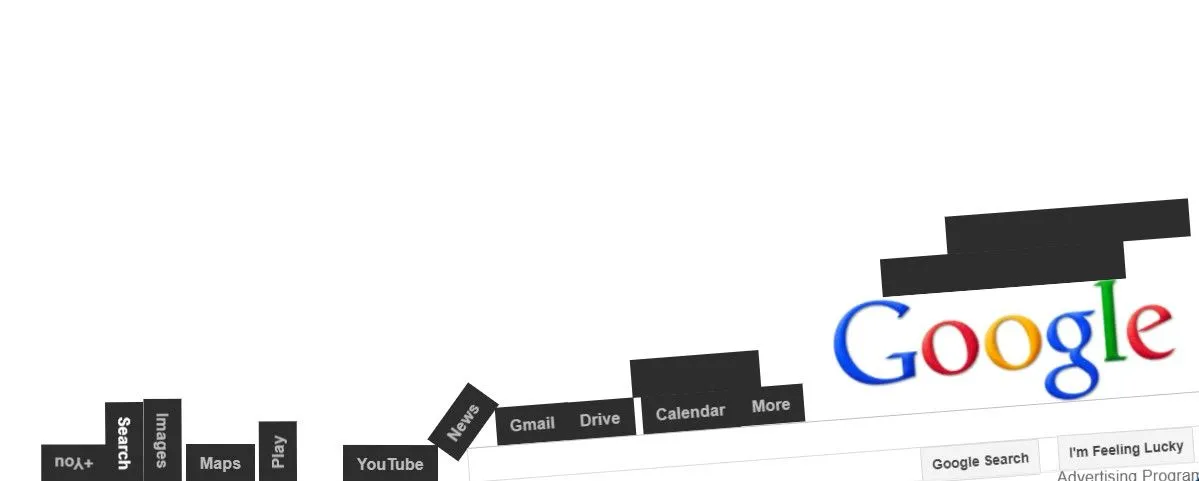 Các yếu tố trang Google rơi xuống do hiệu ứng trọng lực ảo trên Elgoog.