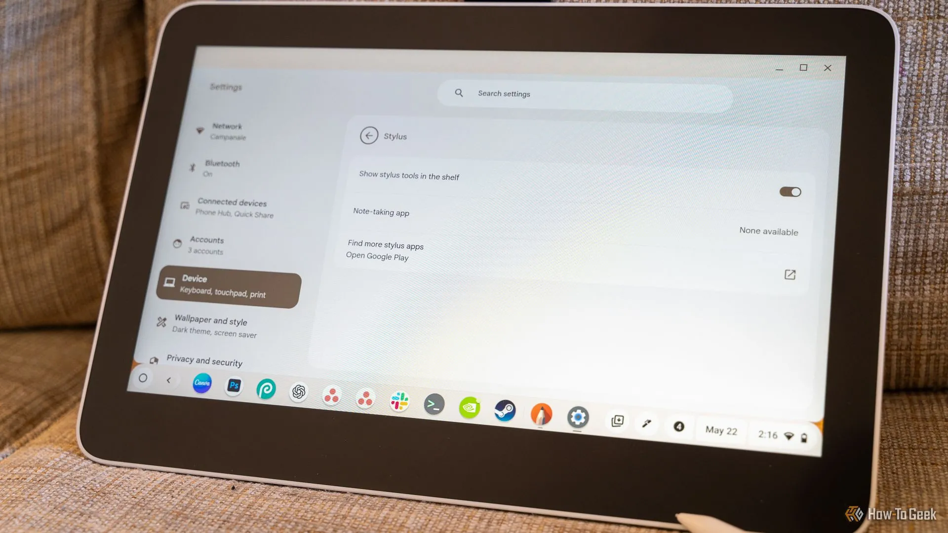 Cài đặt bút stylus của Chromebook khi được kết nối với bảng vẽ hiển thị.
