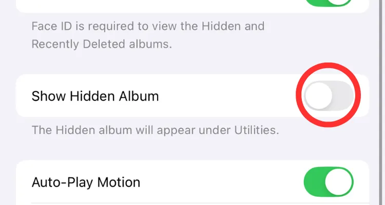 Cài đặt Hiển thị Album Đã ẩn trong phần Cài đặt của ứng dụng Ảnh