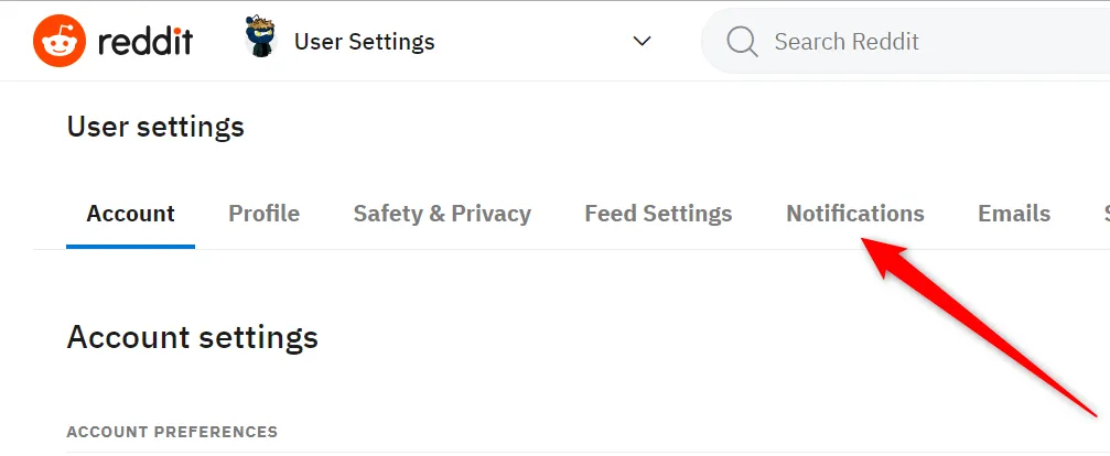 Cài đặt Người dùng trên Reddit với tab Thông báo được chọn