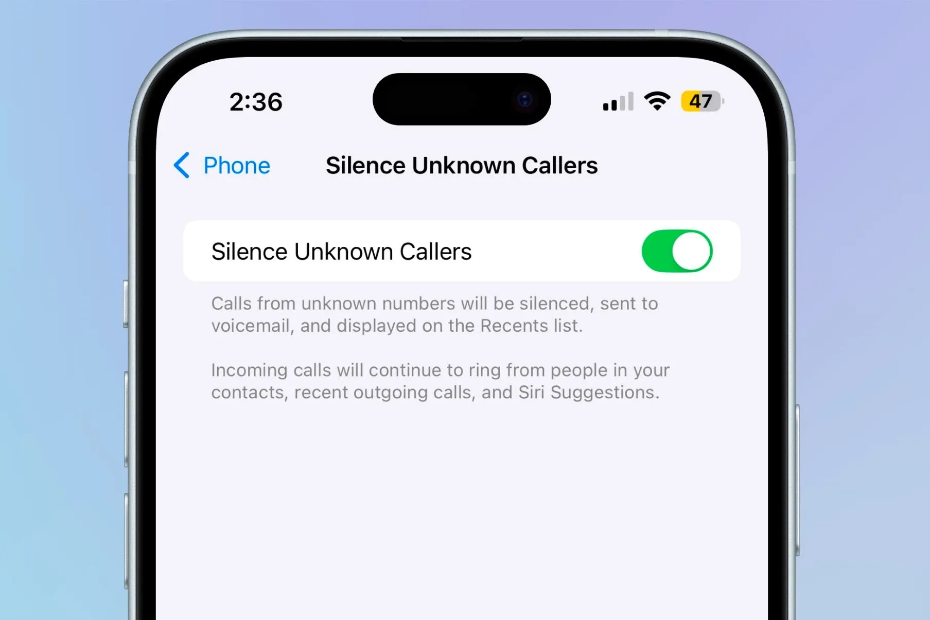Cài đặt &quot;Silence Unknown Callers&quot; trong phần Điện thoại của ứng dụng Cài đặt trên iPhone, giúp chặn cuộc gọi từ số lạ