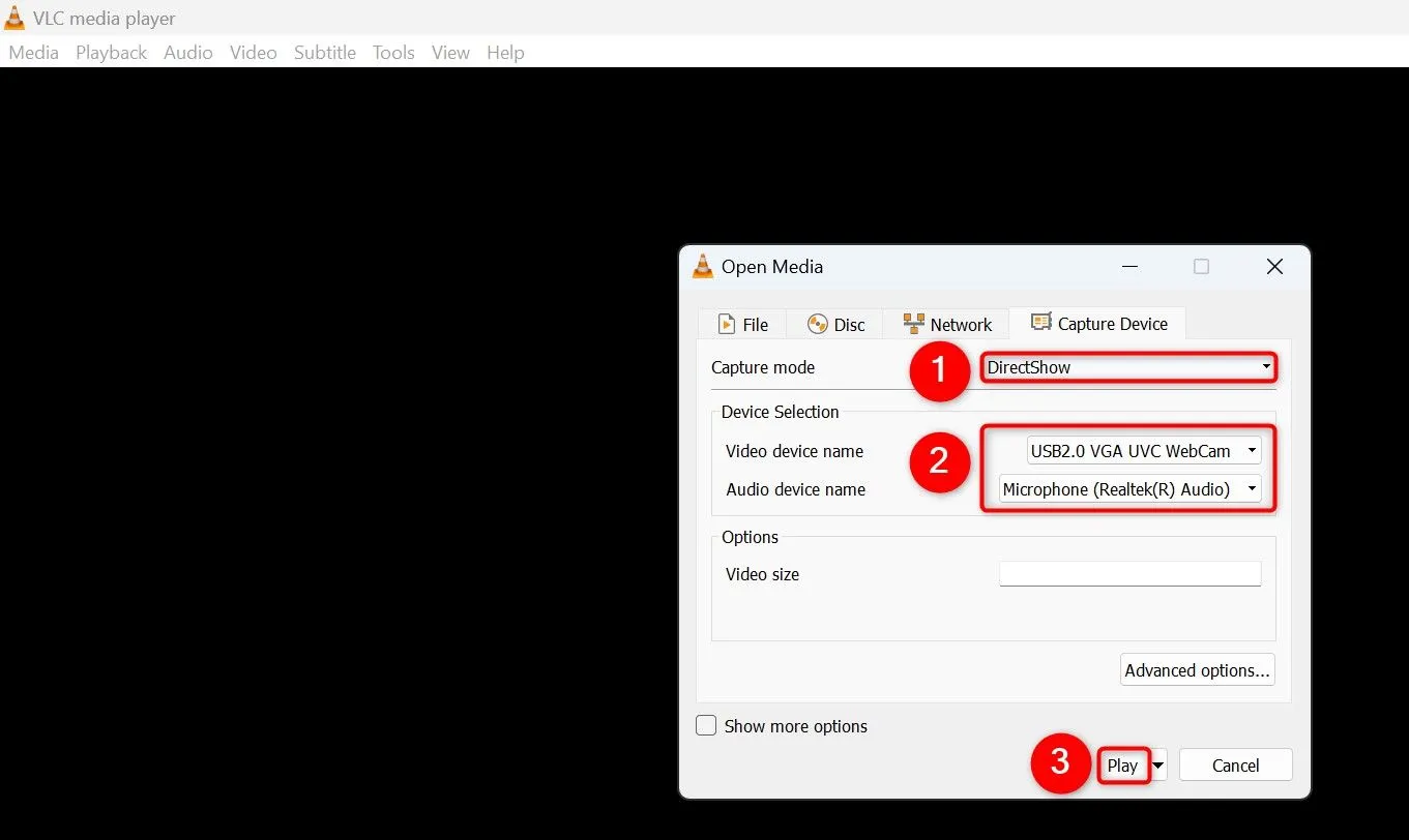 Cài đặt &quot;Thiết bị Quay&quot; trong VLC, cho phép xem trực tiếp nguồn cấp dữ liệu từ webcam hoặc camera ngoài.