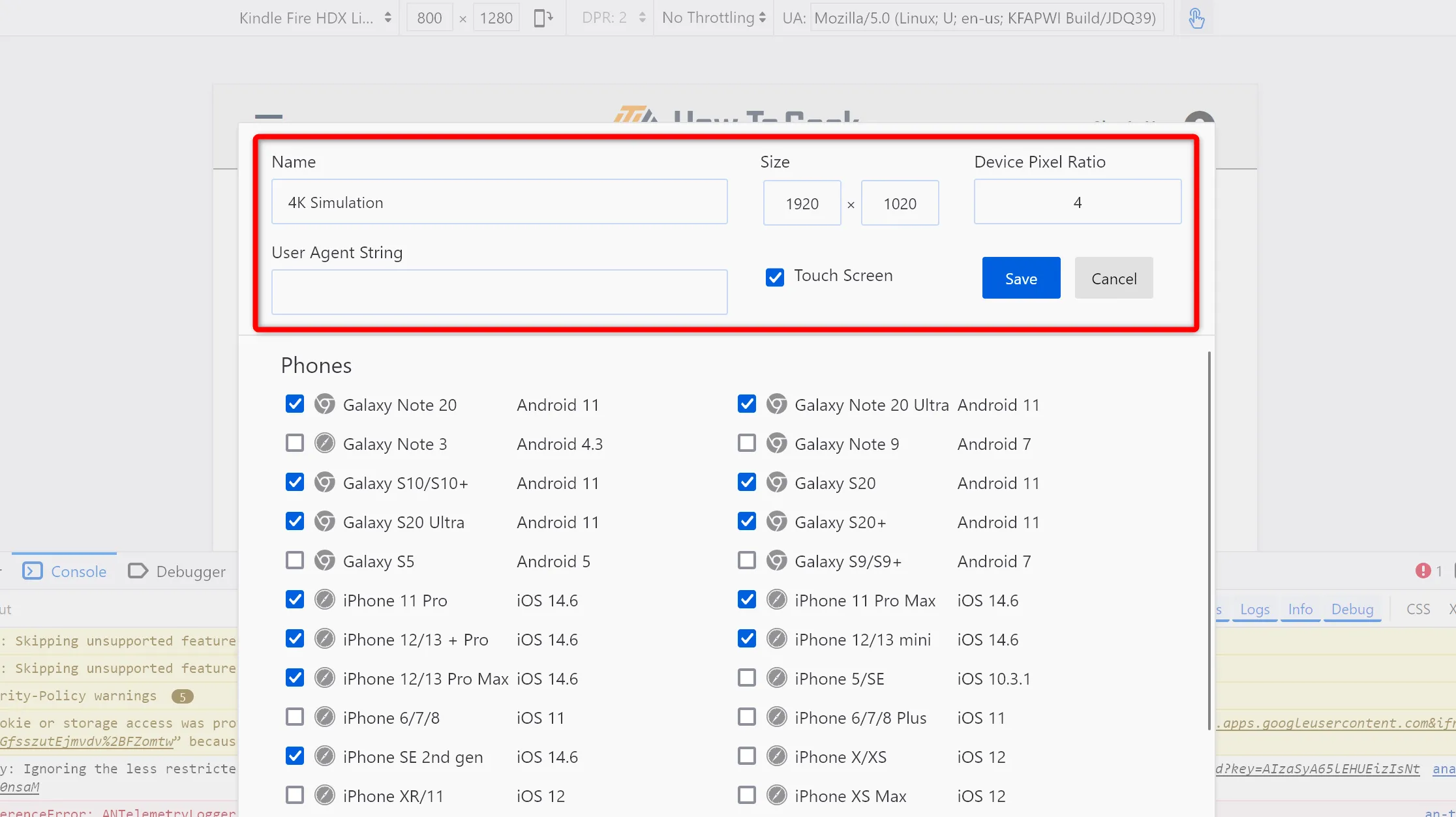 Cài đặt thông số kỹ thuật cho thiết bị tùy chỉnh trong Firefox Developer Tools: Chiều rộng 1920, Chiều cao 1080, Tỷ lệ Pixel Thiết bị 4 để mô phỏng hiển thị 4K.