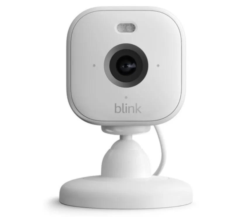 Camera an ninh Blink Mini 2 màu trắng với đèn chiếu tích hợp, lý tưởng cho giám sát trong nhà và ngoài trời