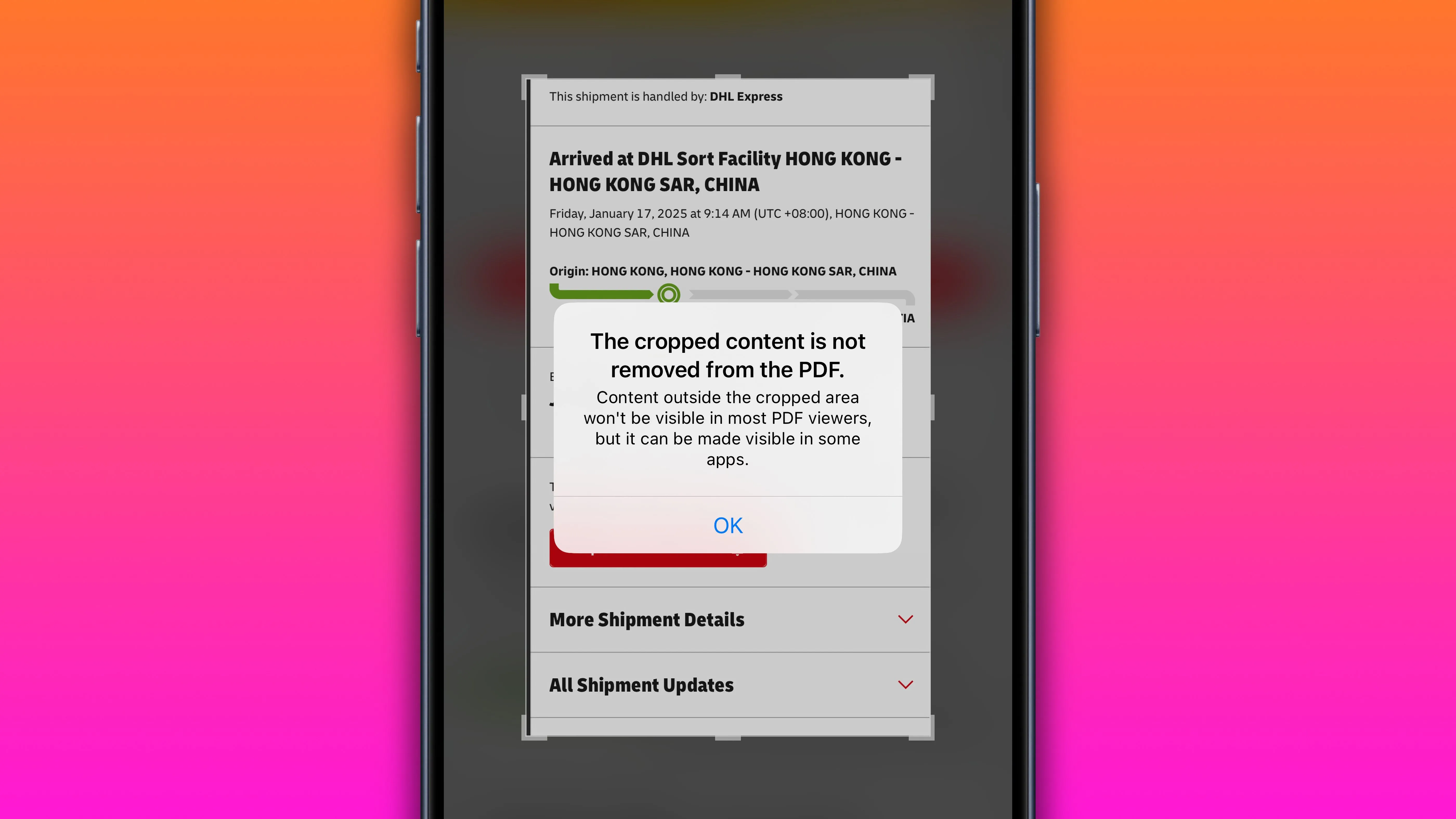 Cảnh báo về việc cắt ảnh PDF trong công cụ Chụp màn hình trên iPhone