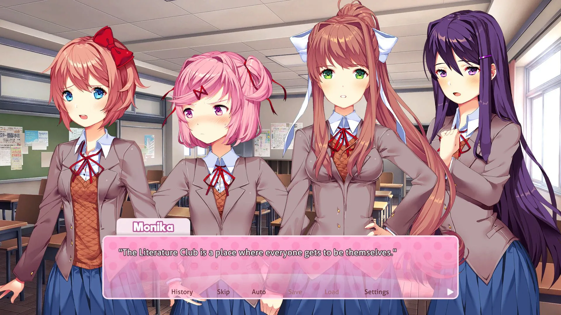 Cảnh cận cảnh nhân vật Monika trong game kinh dị tâm lý Doki Doki Literature Club.