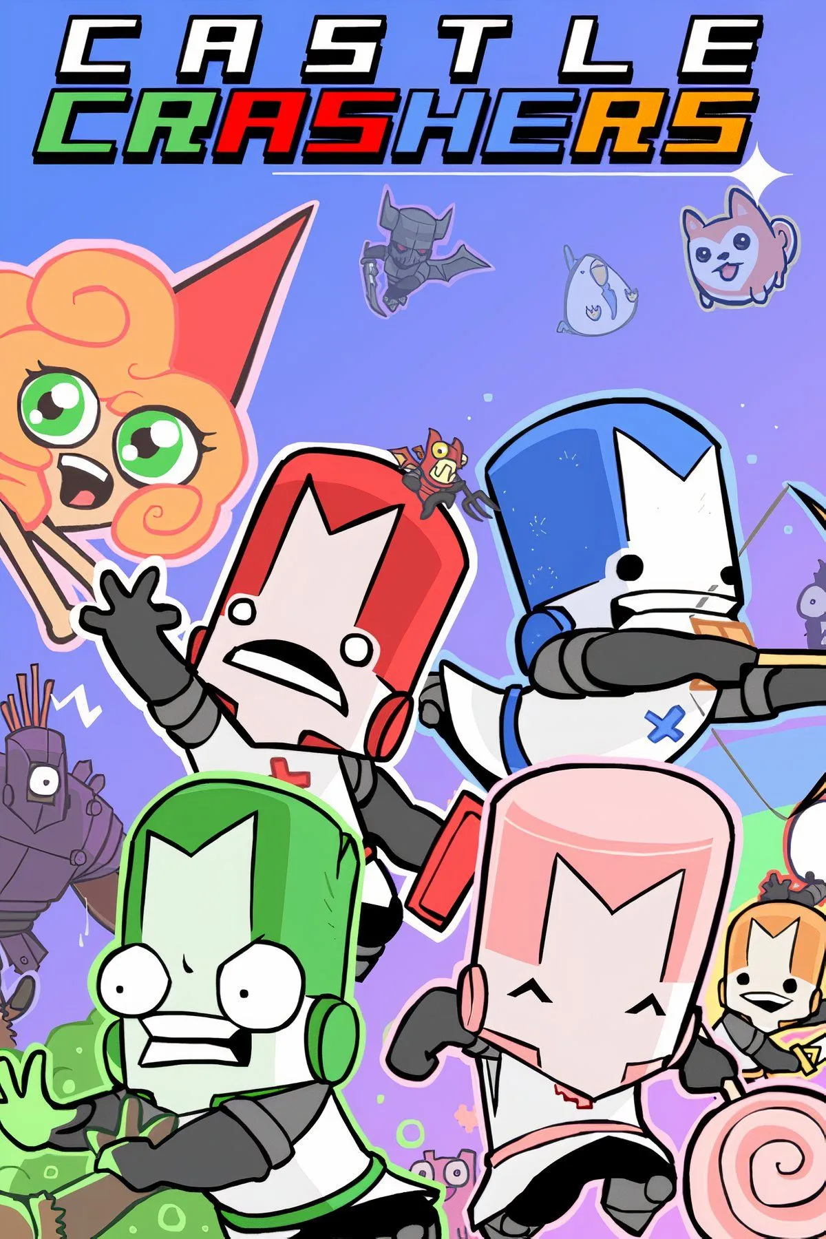 Cảnh chiến đấu trong game Castle Crashers, với các hiệp sĩ đang tham gia vào cuộc phiêu lưu hành động hack-and-slash kinh điển.
