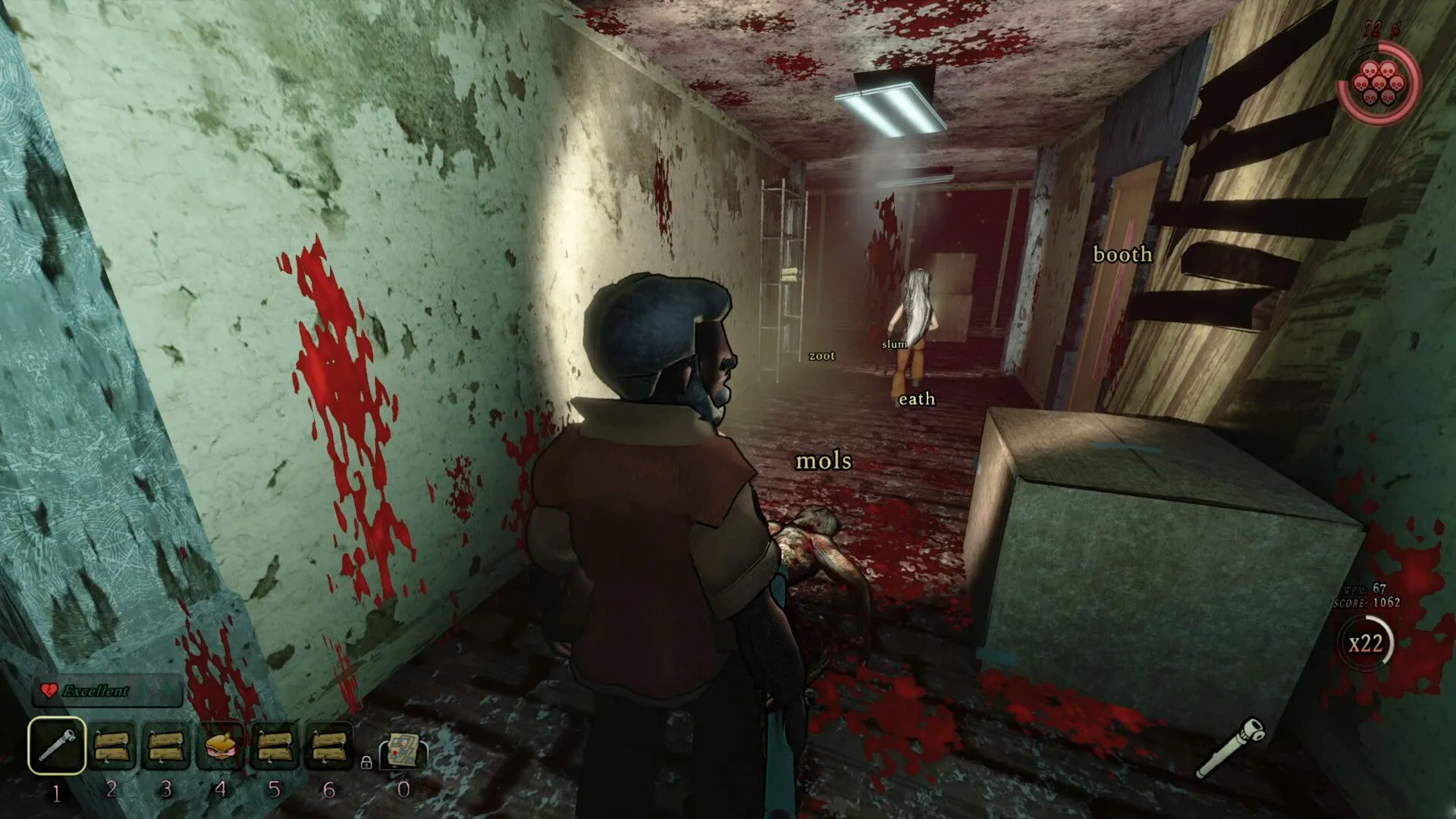 Cảnh chơi co-op trong game kinh dị Blood Typers, thể hiện sự căng thẳng khi gõ phím để sinh tồn.