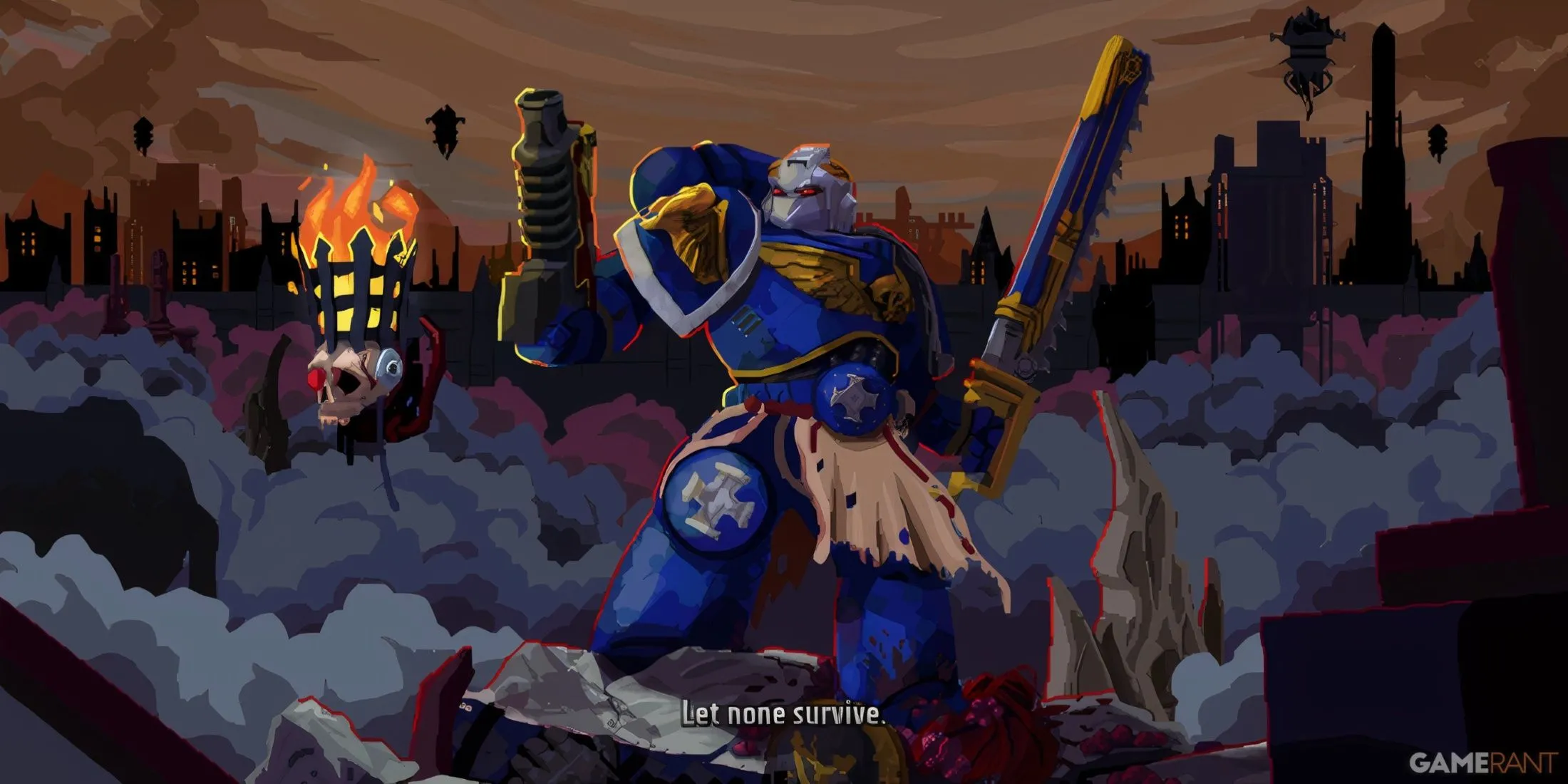 Cảnh gameplay ác liệt trong Warhammer 40,000 Boltgun Words of Vengeance với kẻ thù và từ khóa tấn công
