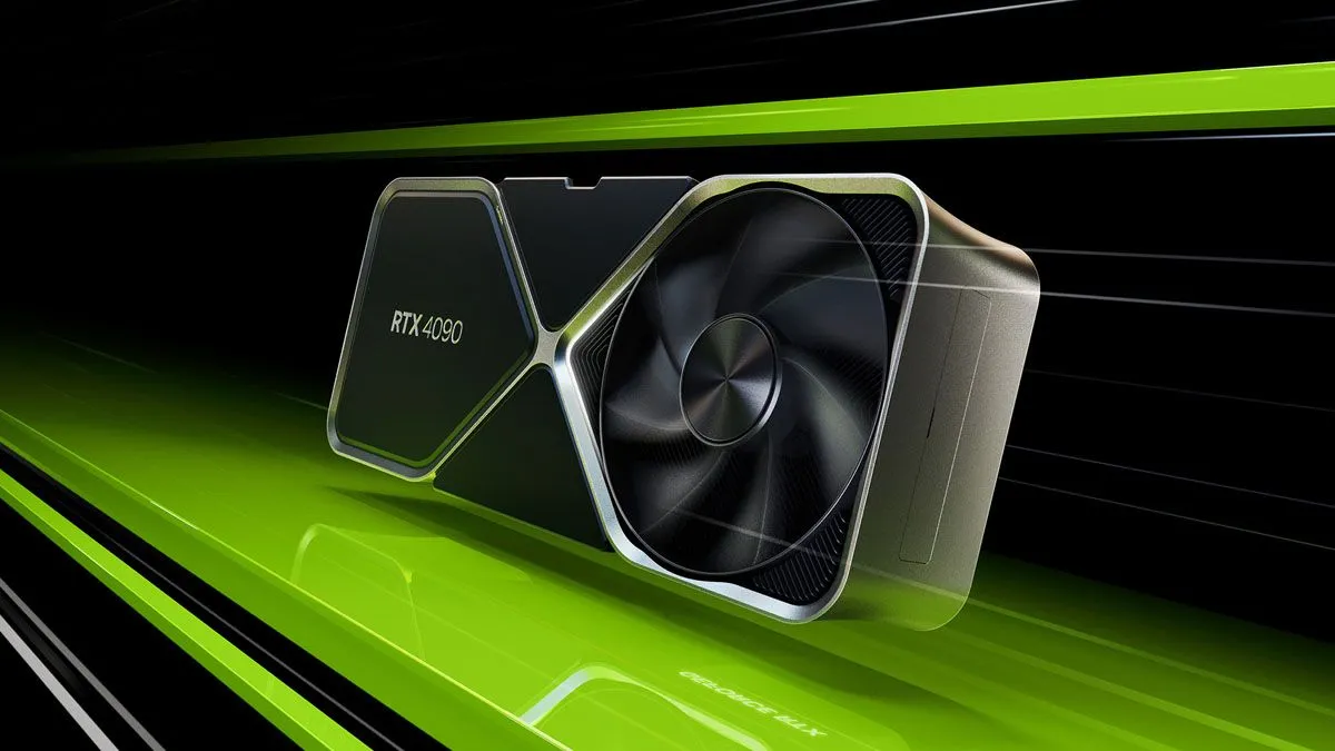 Card đồ họa NVIDIA RTX 4090 trong không gian với ánh sáng xanh lá