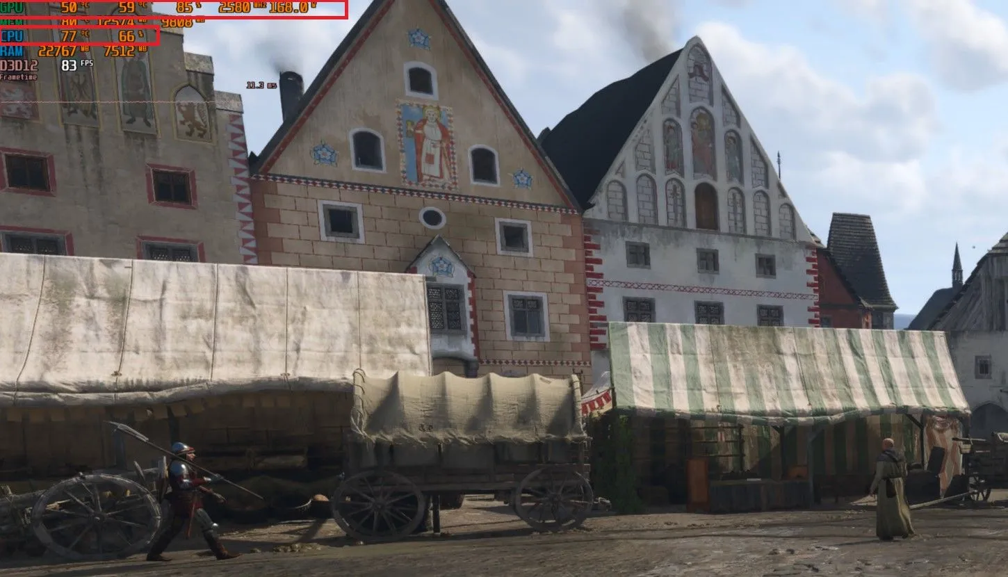 Chỉ số hiệu suất trong Kingdom Come: Deliverance II cho thấy GPU chỉ đạt 85% công suất với CPU Ryzen 5600X, dấu hiệu của CPU bottleneck.