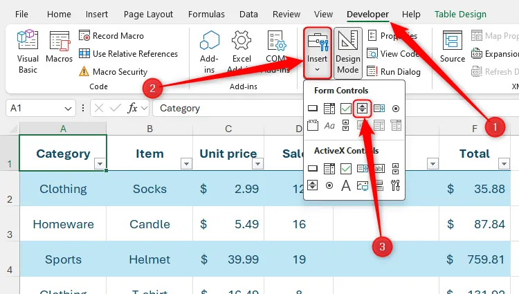 Chọn biểu tượng Spin Button từ mục &quot;Insert&quot; trong tab &quot;Developer&quot; để bắt đầu vẽ nút điều khiển.