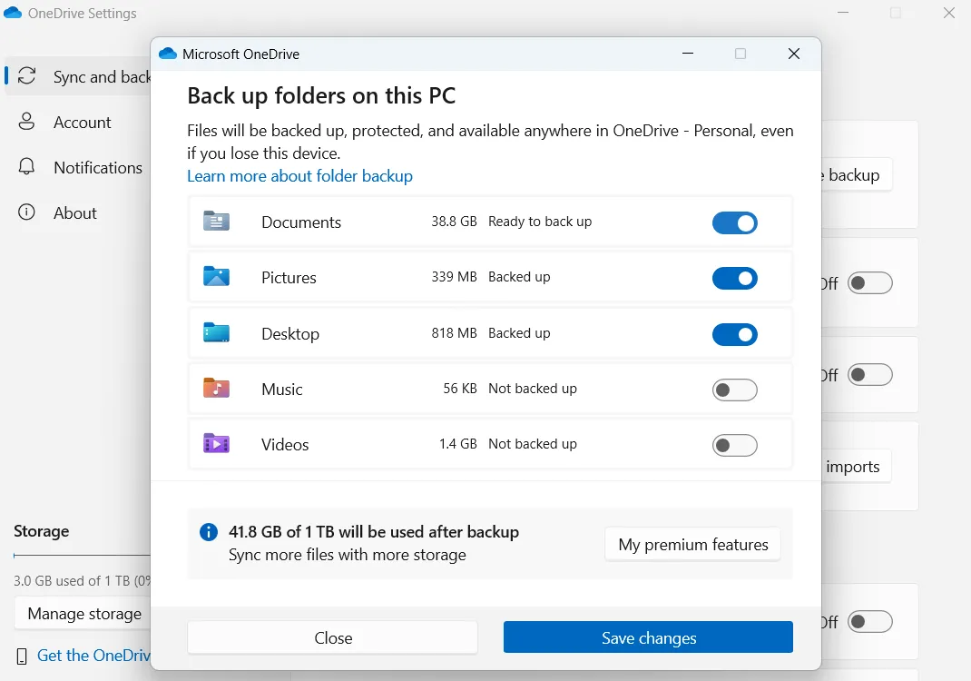 Chọn các thư mục cần sao lưu tự động lên OneDrive trong Windows.