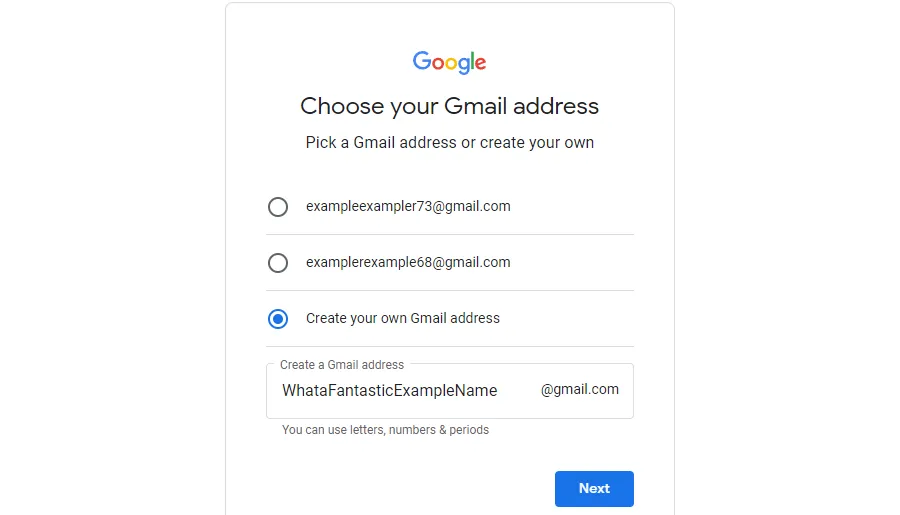Chọn địa chỉ email Gmail mong muốn hoặc sử dụng gợi ý từ Google