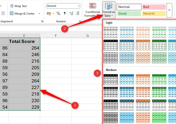 Chọn dữ liệu trong Excel để chuyển đổi sang định dạng bảng tự động (Format As Table) từ thẻ Home.