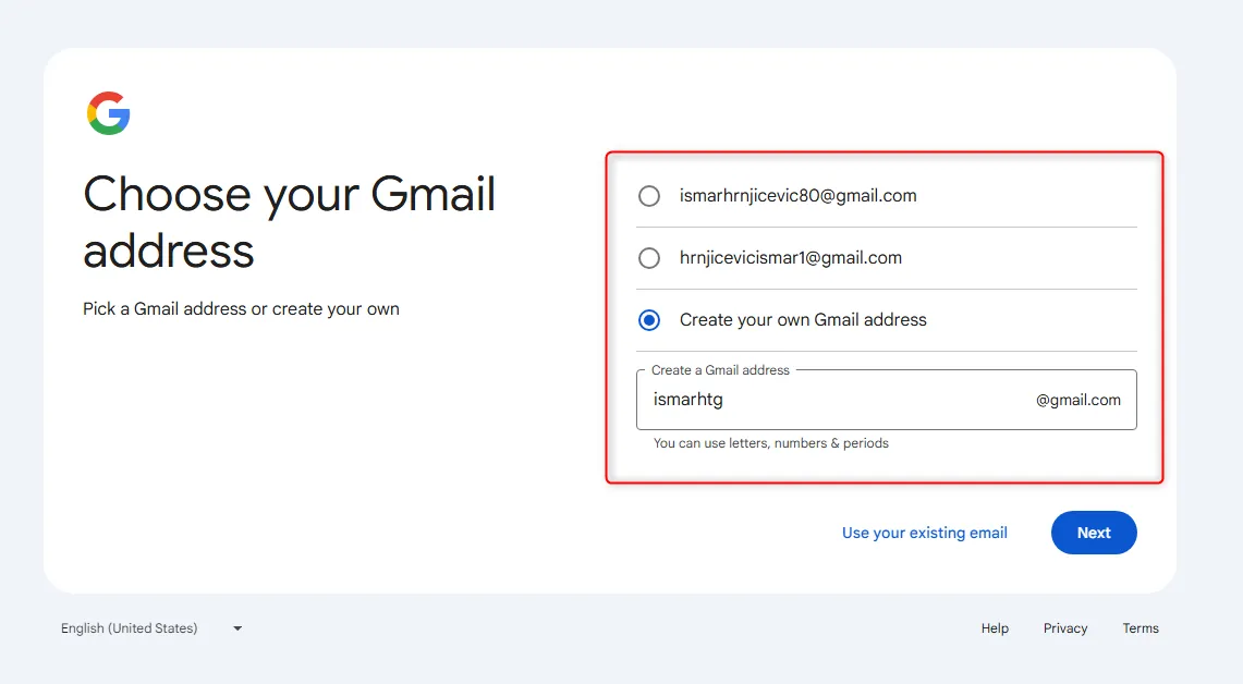 Chọn hoặc tạo địa chỉ Gmail mới cho tài khoản Google