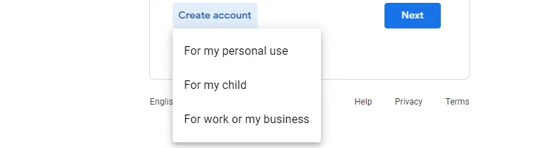Chọn loại tài khoản Gmail cá nhân, cho trẻ em hoặc cho công việc