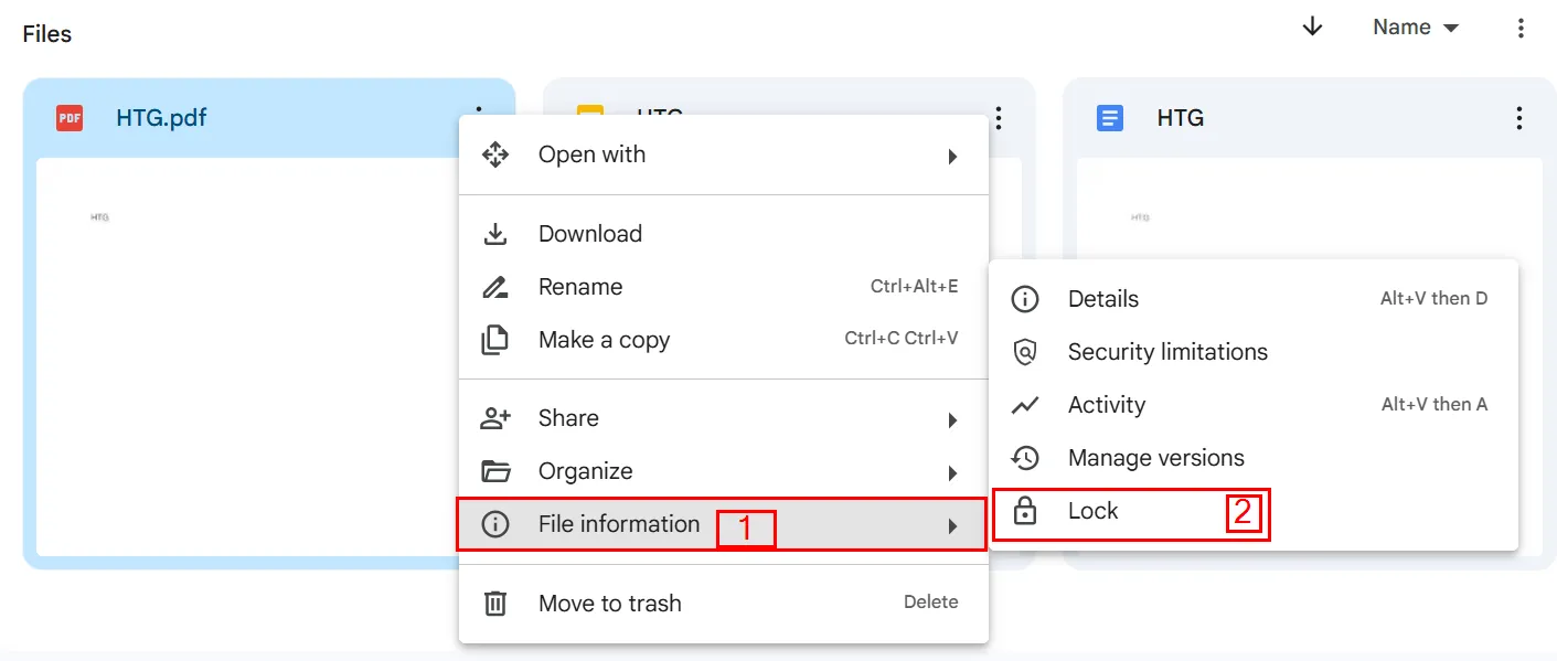 Chọn &quot;Thông tin tệp&quot; và sau đó chọn &quot;Khóa&quot; để khóa tệp khỏi chỉnh sửa trong Google Drive.
