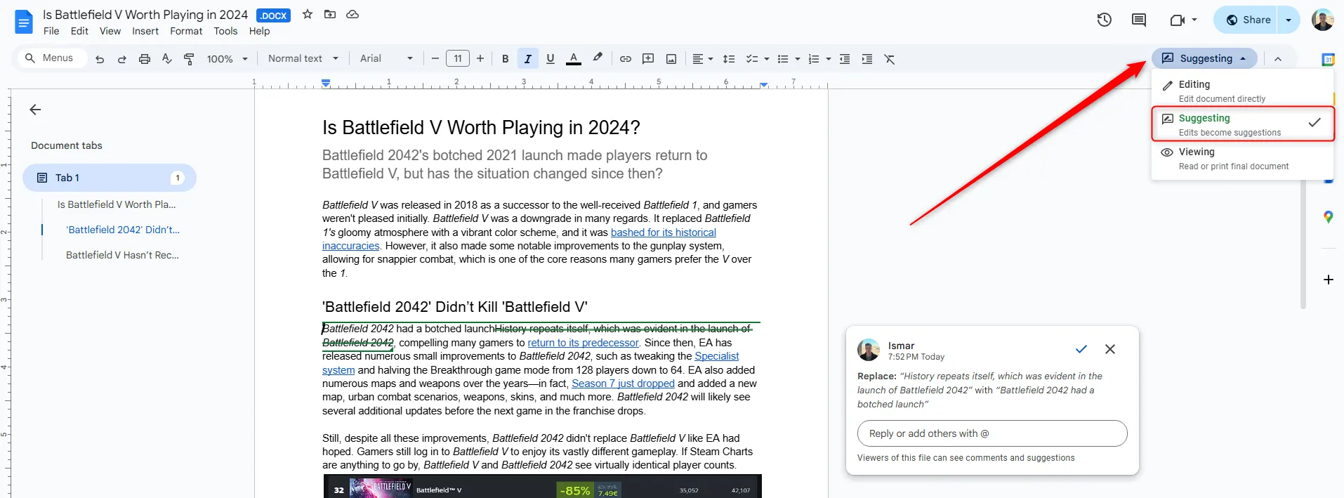 Chuyển chế độ từ &quot;Chỉnh sửa&quot; sang &quot;Đề xuất&quot; trong Google Docs