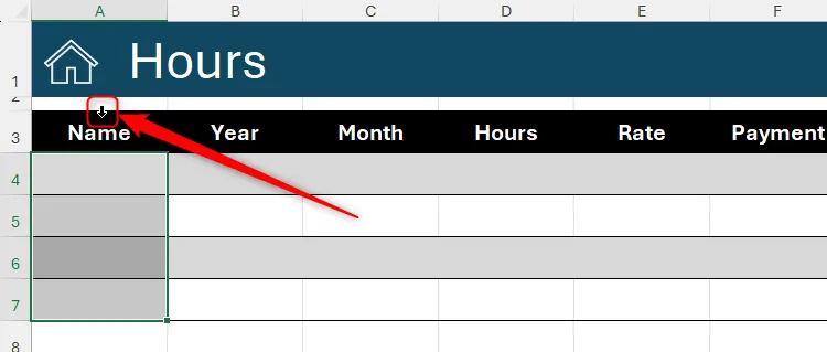 Con trỏ mũi tên xuống xuất hiện khi di chuột qua tiêu đề cột của một bảng trong Excel, cho phép chọn toàn bộ cột để áp dụng quy tắc xác thực dữ liệu.