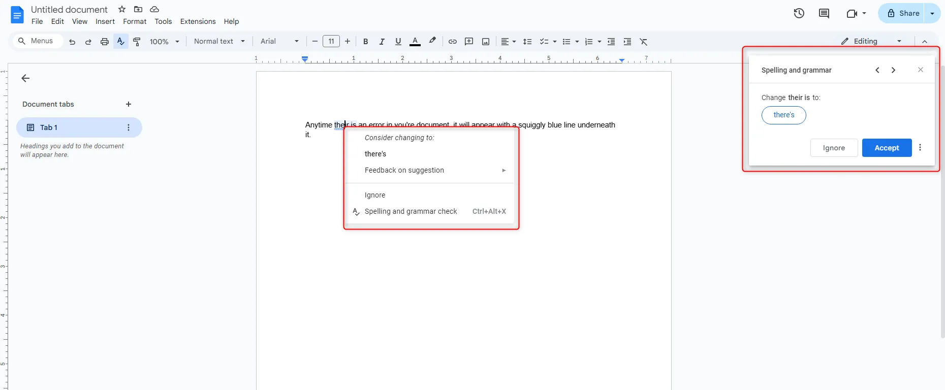 Công cụ kiểm tra chính tả và ngữ pháp hiển thị gợi ý bên phải tài liệu Google Docs