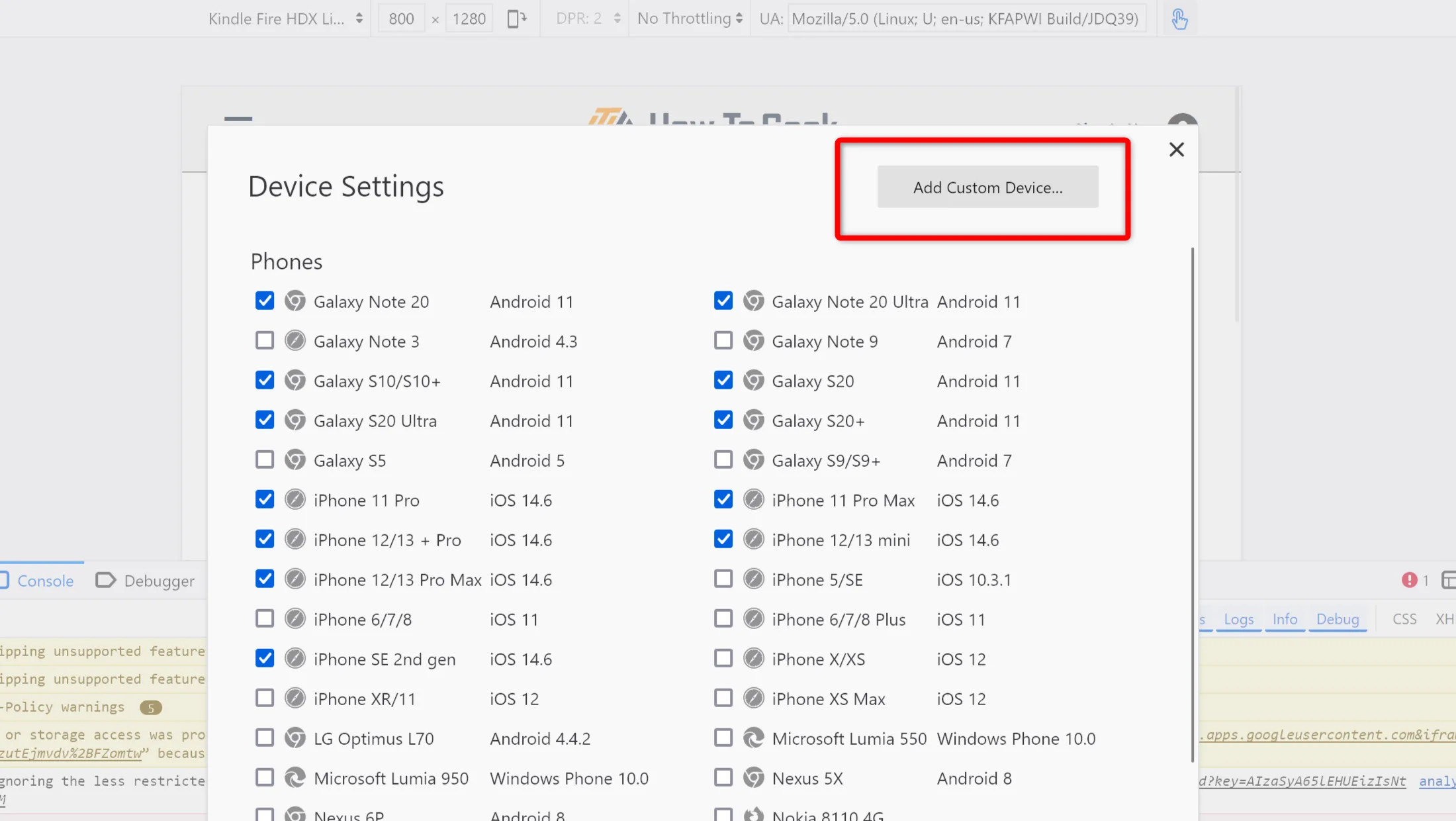 Cửa sổ 'Add Custom Device' trong Firefox Developer Tools, cho phép người dùng thêm cấu hình thiết bị mới để chụp ảnh màn hình độ phân giải cao.