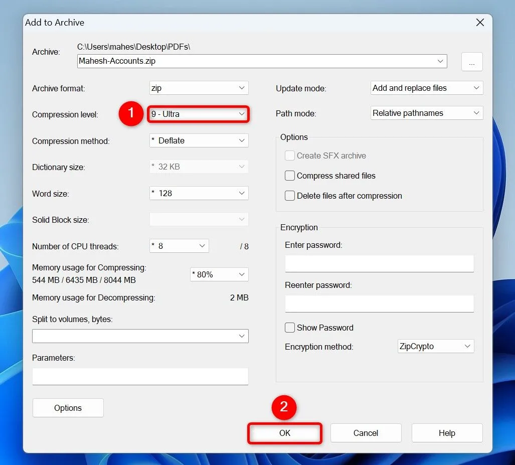 Cửa sổ &quot;Add to Archive&quot; của 7-Zip với tùy chọn &quot;Compression Level&quot; được đặt thành &quot;9 - Ultra&quot; để tối ưu nén file PDF