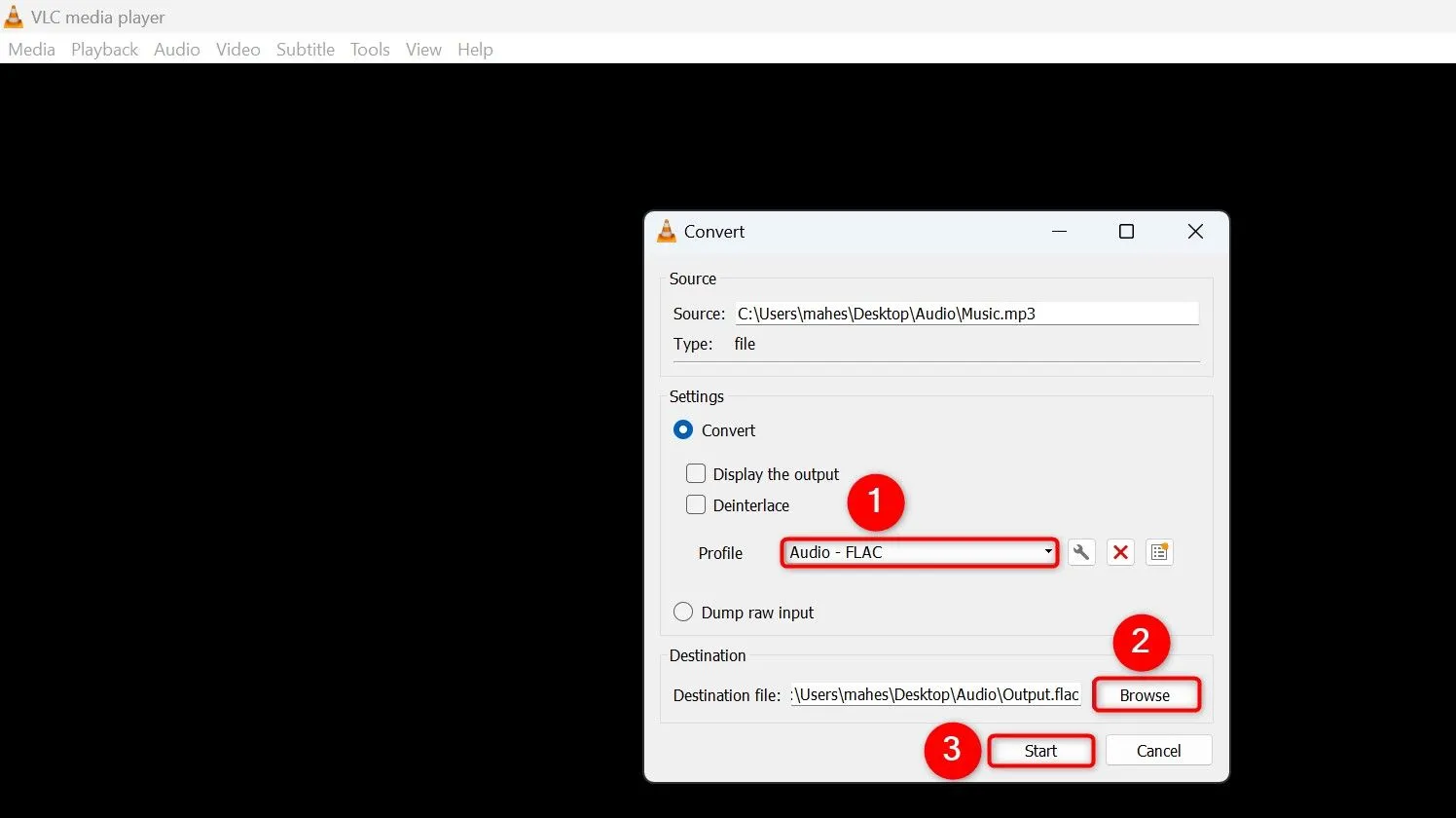 Cửa sổ &quot;Chuyển đổi&quot; trong VLC, cho phép chọn định dạng đầu ra và thư mục lưu file đã chuyển đổi.