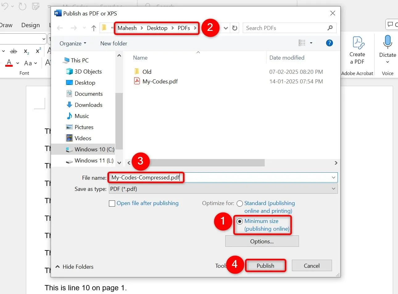 Cửa sổ &quot;Publish as PDF or XPS&quot; trong Word với tùy chọn &quot;Minimum Size (Publishing Online)&quot; được chọn để nén file