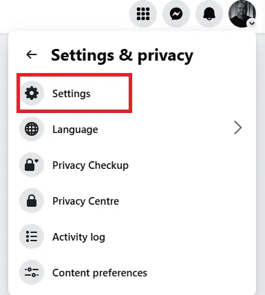 Cửa sổ tùy chọn cài đặt trên Facebook, chọn &quot;Cài đặt&quot;.