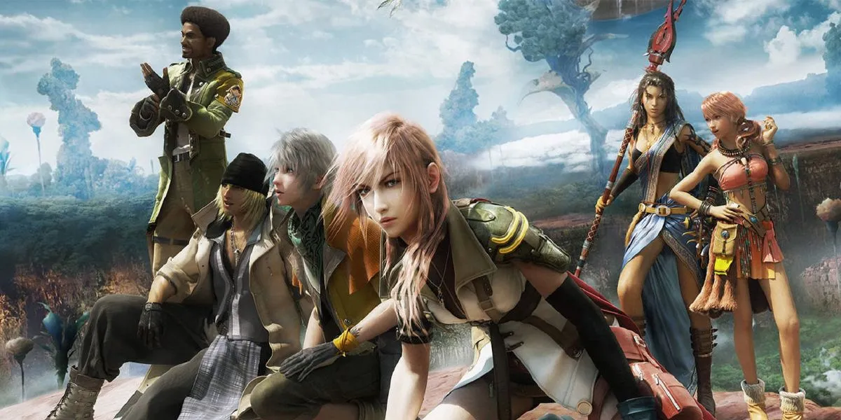 Dàn nhân vật chính của Final Fantasy XIII trong hình ảnh quảng bá chính thức, thể hiện đồ họa đẹp mắt của game trên Chromebook Plus.