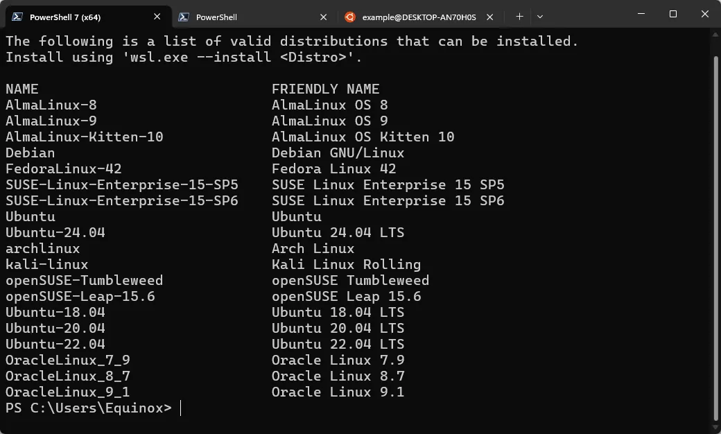 Danh sách các bản phân phối Linux có sẵn trong WSL2 qua PowerShell