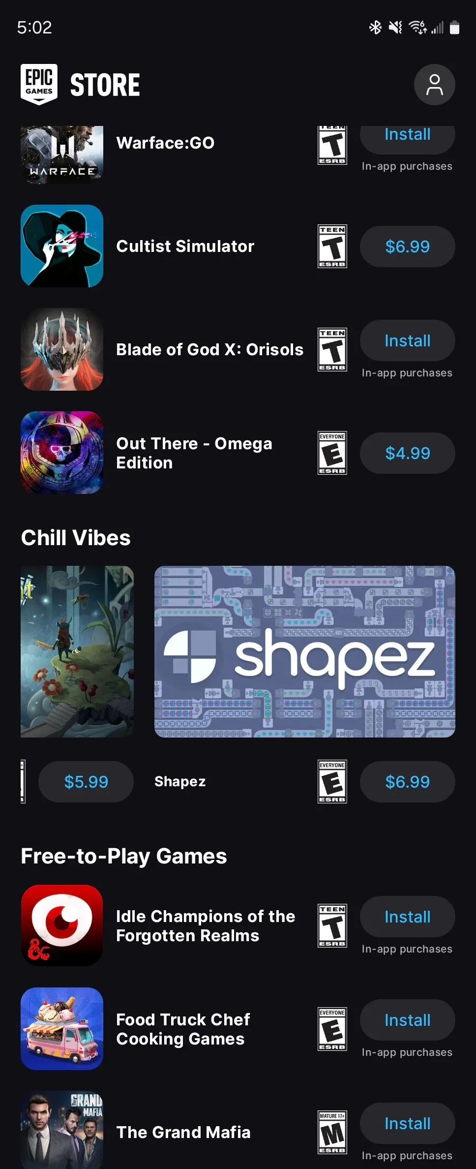 Danh sách các tựa game được tuyển chọn trong Epic Games Store trên điện thoại Android, nổi bật với giao diện gọn gàng.