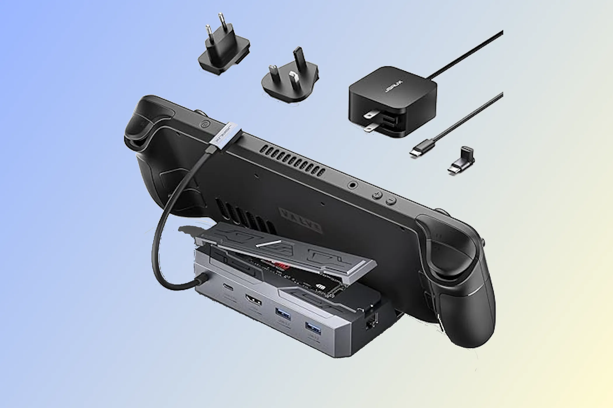 Đế sạc JSAUX M.2 Docking Station dành cho Steam Deck, hiển thị các cổng kết nối và khe cắm SSD M.2.