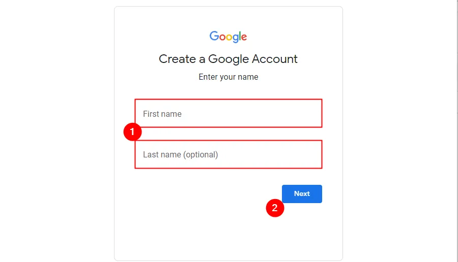 Điền đầy đủ tên và họ của bạn vào các trường được yêu cầu khi tạo Gmail