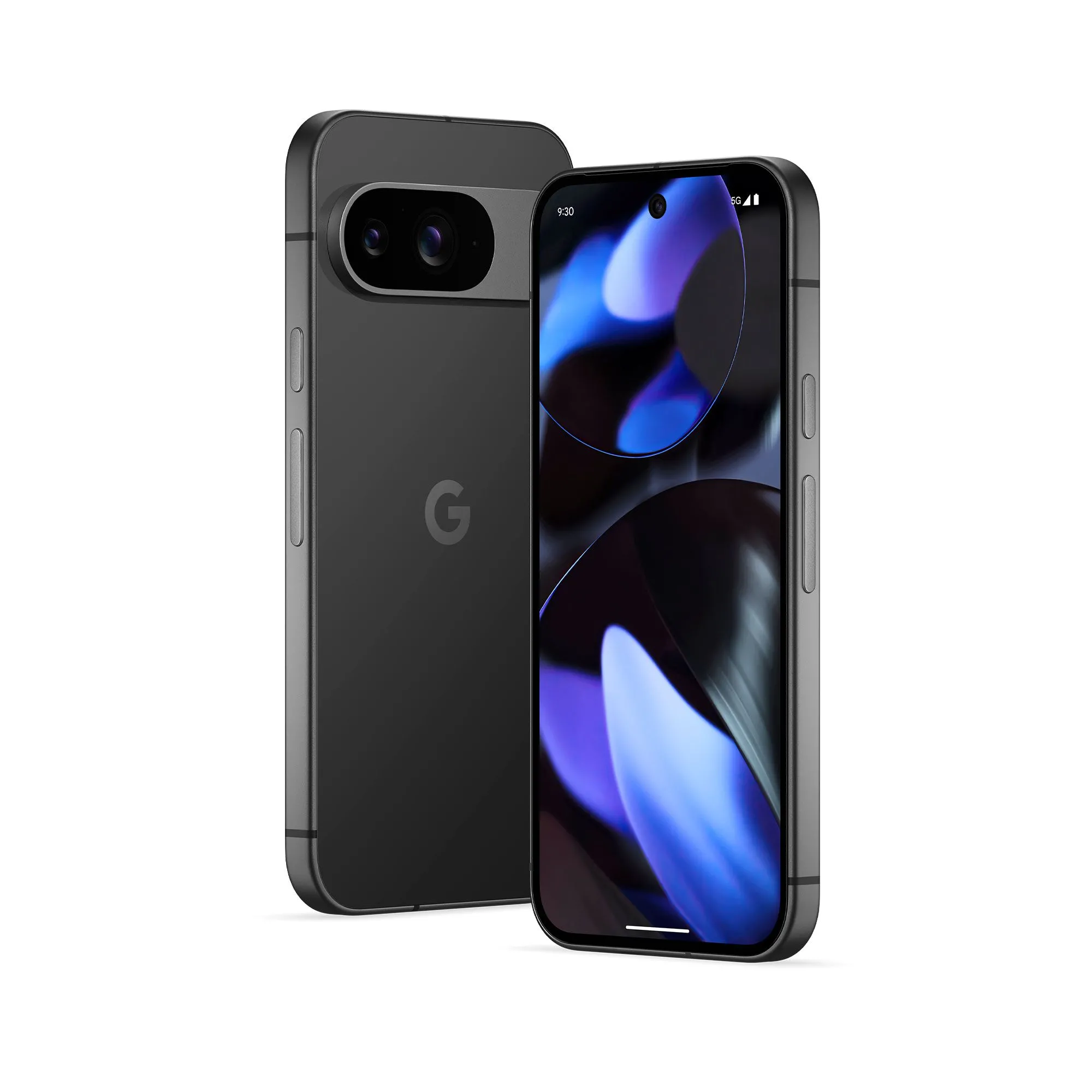Điện thoại Google Pixel 9 màu Obsidian đặt trên nền trắng, thể hiện thiết kế tinh tế và màn hình tràn viền