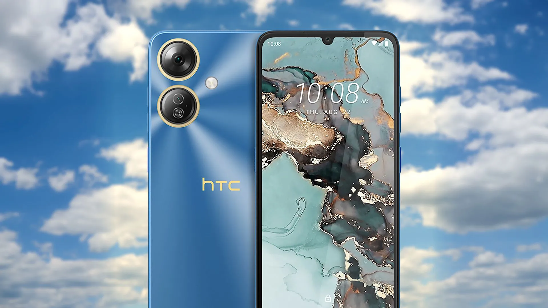 Điện thoại HTC Wildfire E5 Plus màu xanh với cụm camera sau, đánh dấu sự trở lại của HTC