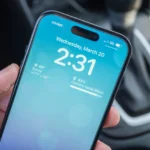 Điện thoại iPhone 15 bị mất sóng trên xe ô tô, minh họa vấn đề tín hiệu kém cần làm mới.