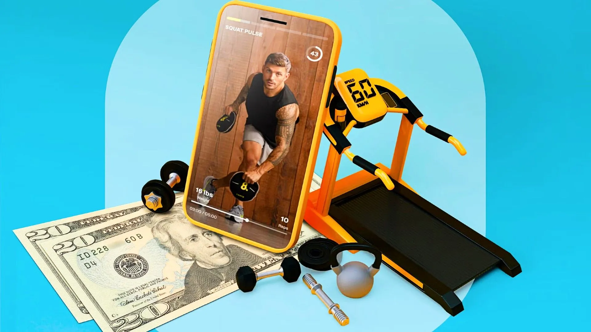 Điện thoại thông minh hiển thị ứng dụng tập luyện cùng các thiết bị gym đơn giản tại nhà.
