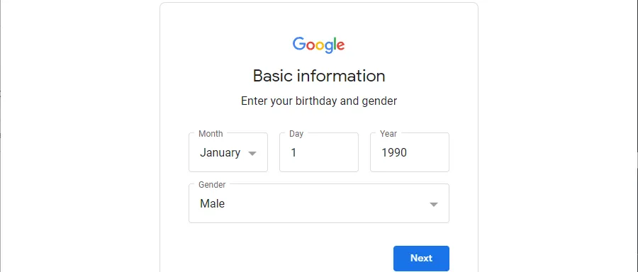 Điền thông tin ngày tháng năm sinh và giới tính để đăng ký tài khoản Google