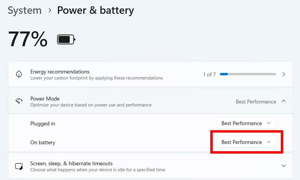 Điều chỉnh chế độ nguồn (Power Mode) cho laptop trong cài đặt Windows.