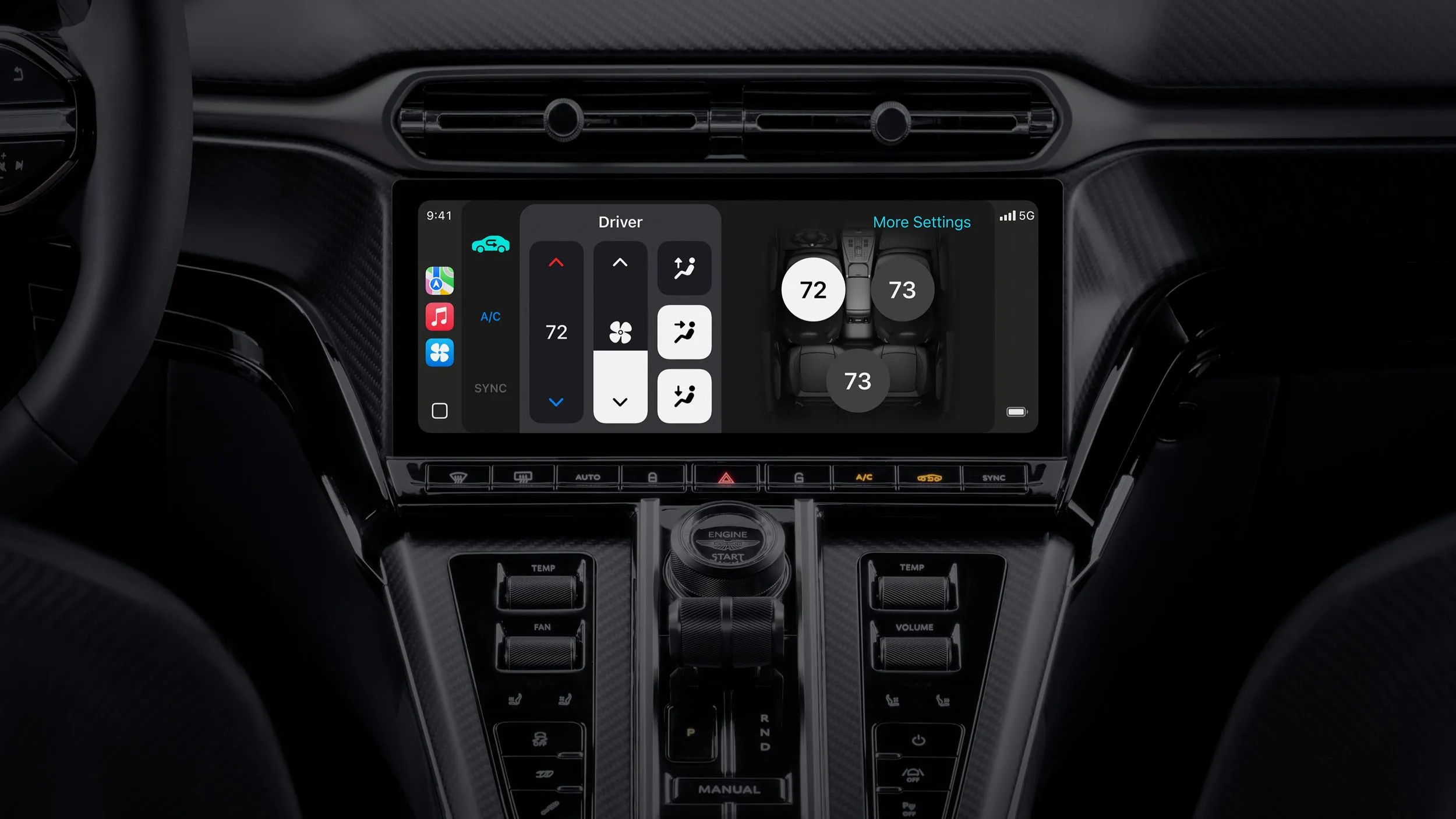 Điều khiển hệ thống điều hòa và thông tin xe hiển thị trực quan qua giao diện CarPlay Ultra trên màn hình trung tâm và cụm đồng hồ.